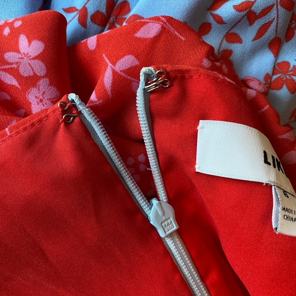 Likely, Raffa Floral Puff Sleeve Midi Slit Dress, Red, Light Blue Colorblock - Picture 6 of 7